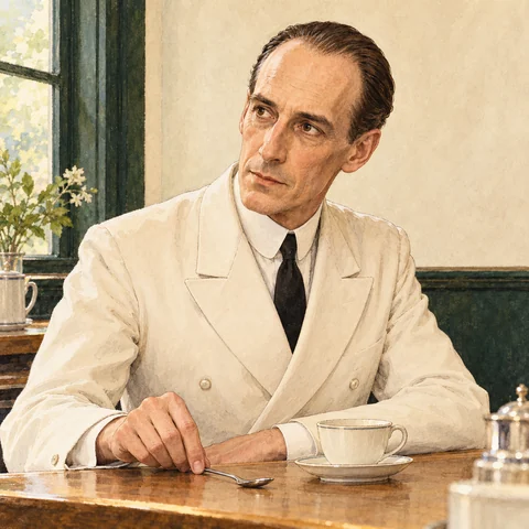 Ink-and-watercolor portrait of Giles Gannet, a lean man in an ivory steward's jacket, gravely aligning a teaspoon beside a cup.