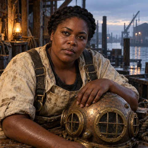 Nadine Voss, a sturdy Black woman with a braided crown and canvas diving clothes, rests her hand on a brass diving helmet and listens soberly across a dock bench.
