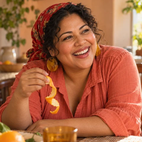 A full-figured woman with dark curls in a red headscarf laughs over an orange peel, wearing a coral blouse and amber earrings.
