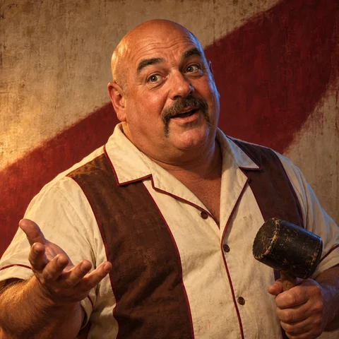 Painted portrait of a broad, bald Rocco Bellows in a cream bowling shirt, gesturing with an open palm beside a rubber mallet.