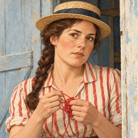 Ink-and-watercolor portrait of Tess Trestle in a straw boater and striped blouse, solemnly considering a tangle of red string.