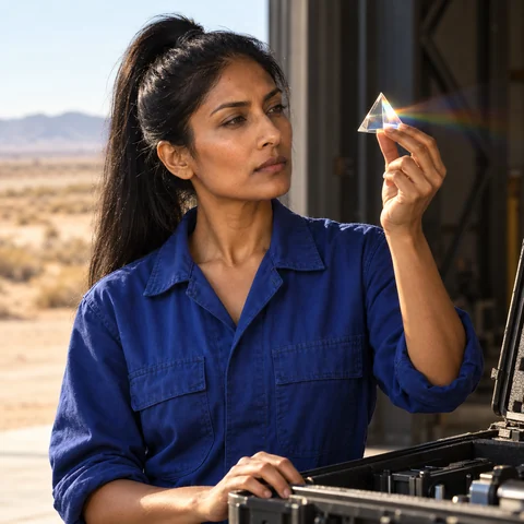 Zora Halden, a lean woman with a high black ponytail and cobalt work clothes, raises a clear prism into the light at a desert hangar.