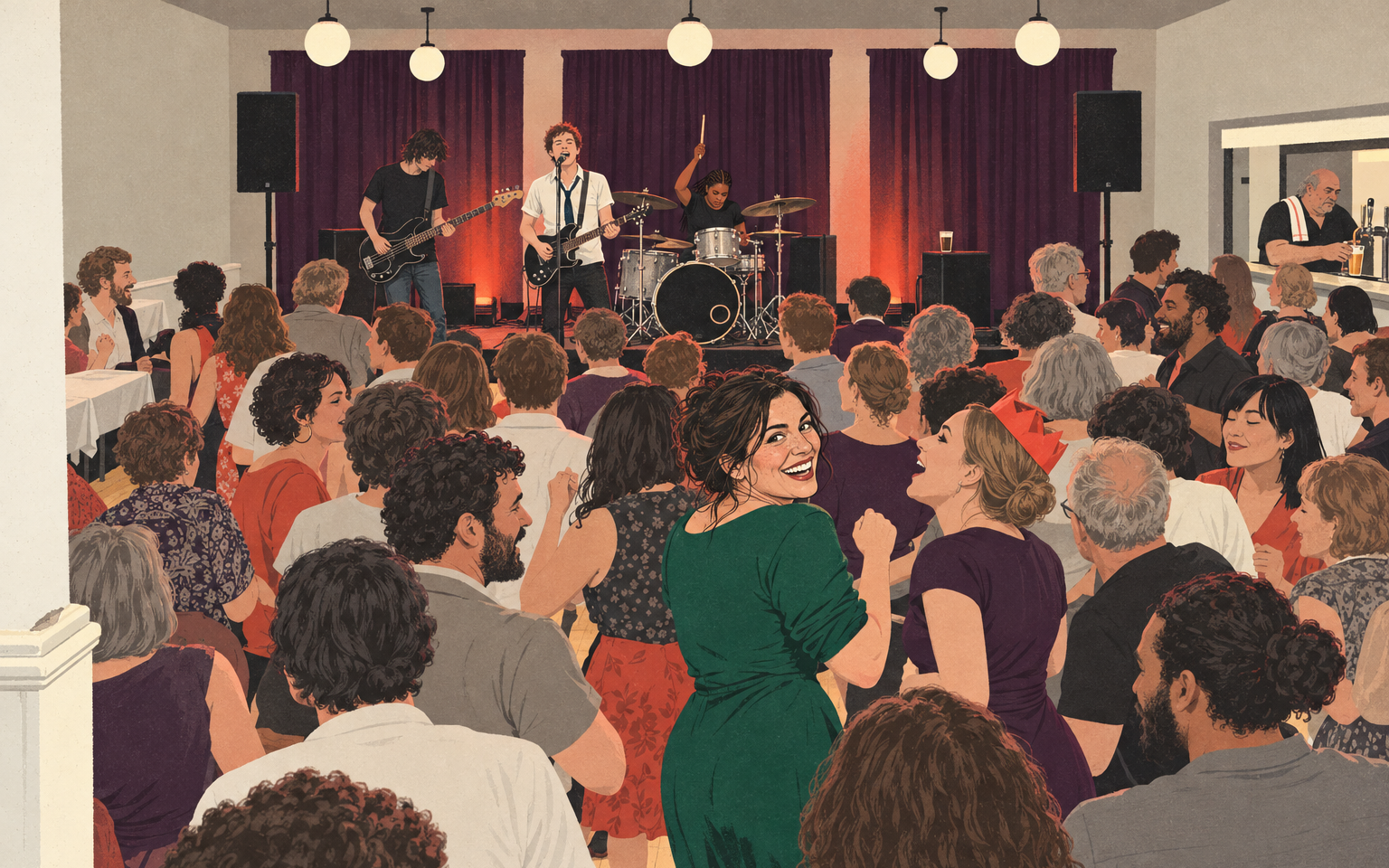A woman in green, in a crowded banquet room, turns over her shoulder toward the viewer, laughing; behind her a young band plays on a stage hung with plum curtains, and the drummer’s stick is at the top of its swing.