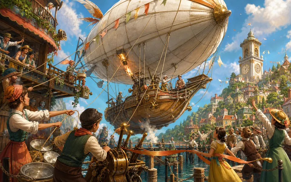 A hill town brings ropes and mechanisms together beneath its first airship.
