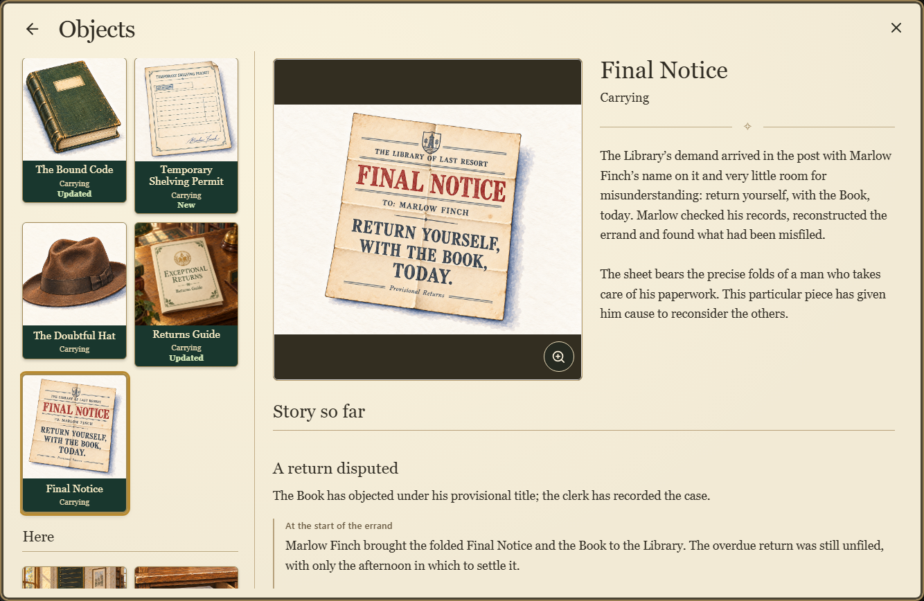 The Library’s illustrated journal, with a character’s artwork and the discoveries recorded during play.