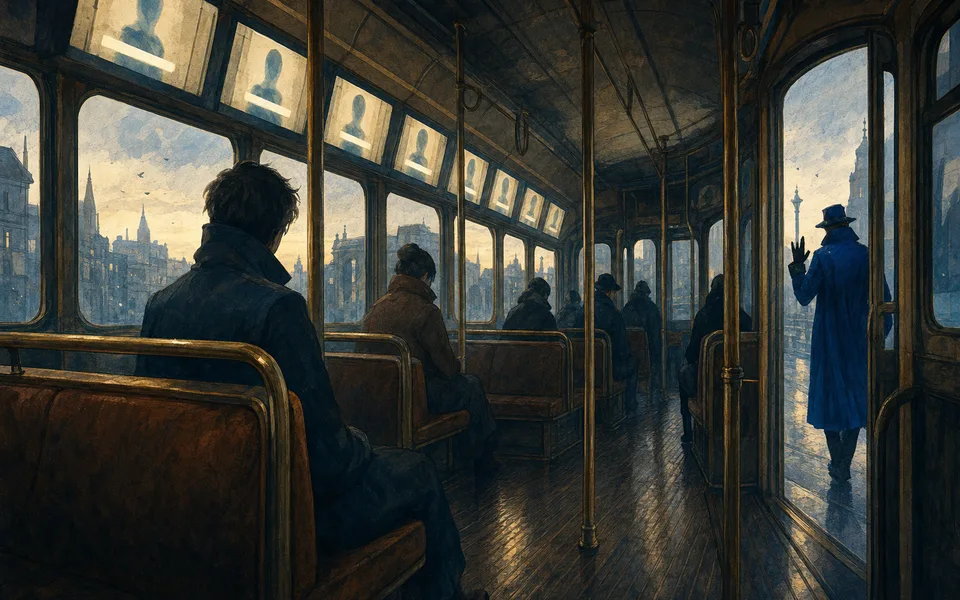 A lone passenger on a dawn tram beneath glowing public screens while the other riders look away and a figure in a blue coat boards.