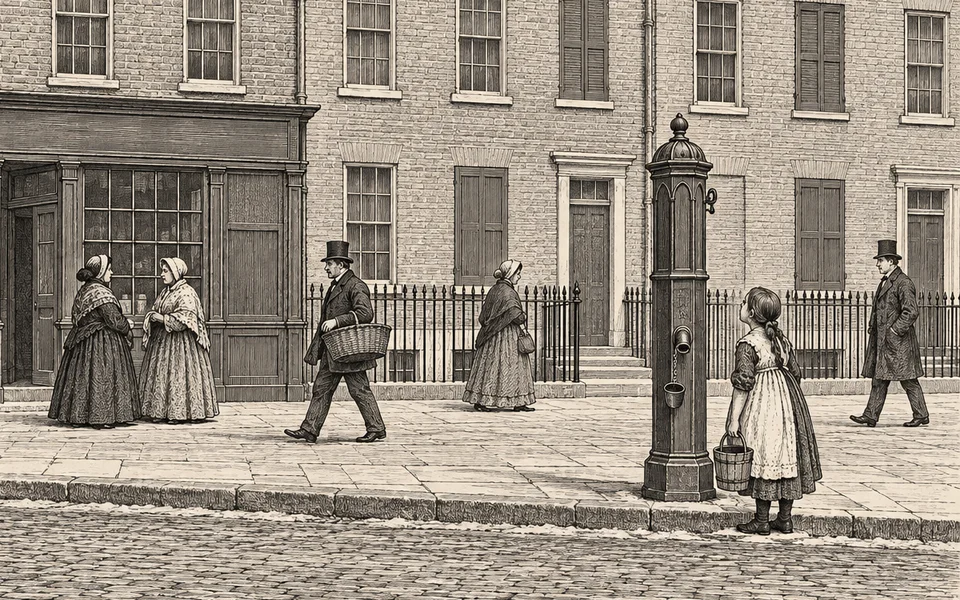 Wood engraving of a Soho street in 1854: a girl with a wooden pail stops in front of a street pump whose handle is gone, while neighbors walk past.
