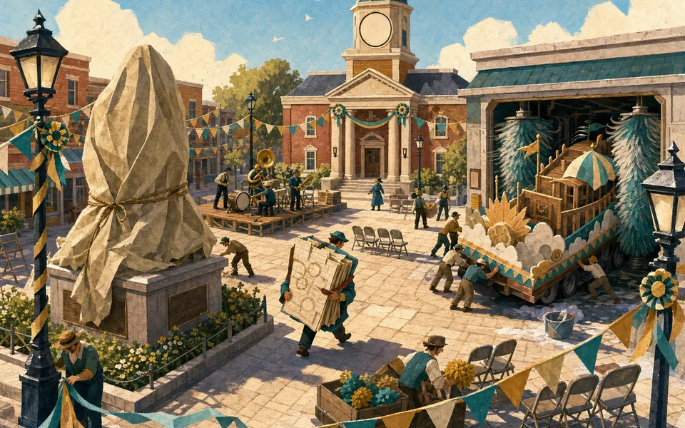 A sunny town square with a statue under a tarp, a parade float stuck in a car wash, and a small figure carrying an enormous ledger.
