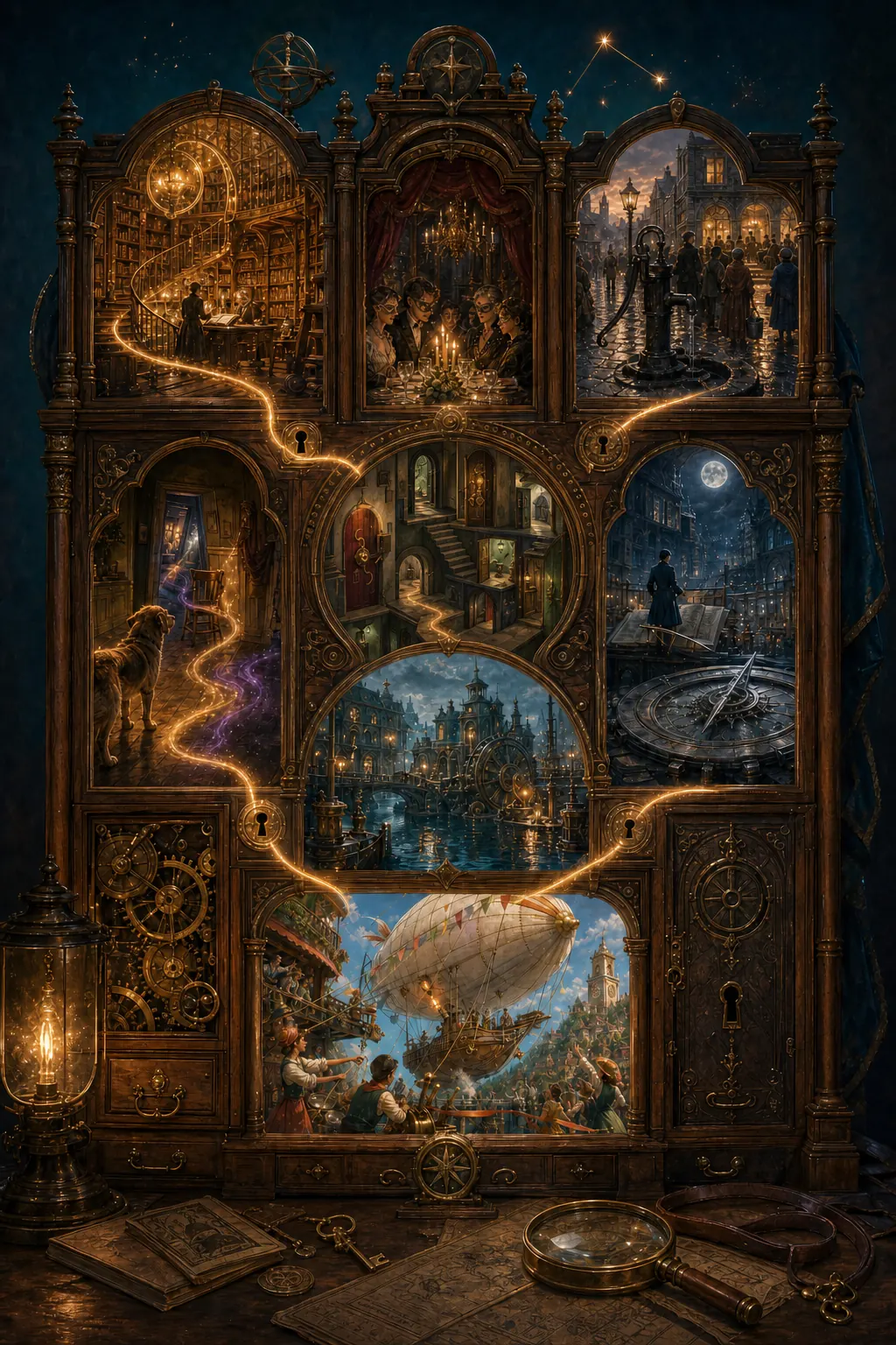 An ornate cabinet opens onto many Adventures: a living library, a parish mystery, a strange house, a candlelit dinner, a moonlit archive, a clockwork harbor, and an airship launch.