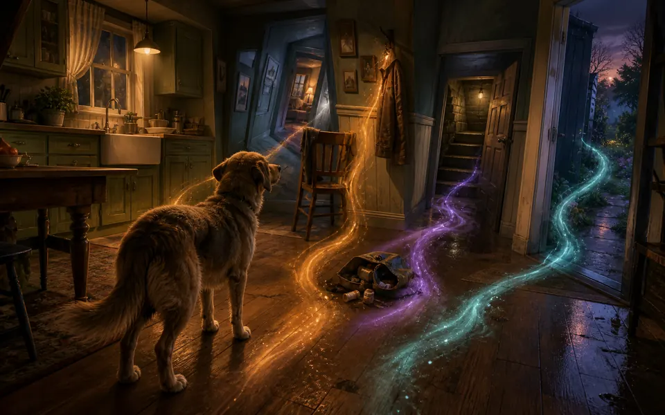 A dog follows luminous scent trails through a familiar house whose rooms have shifted into strange angles.