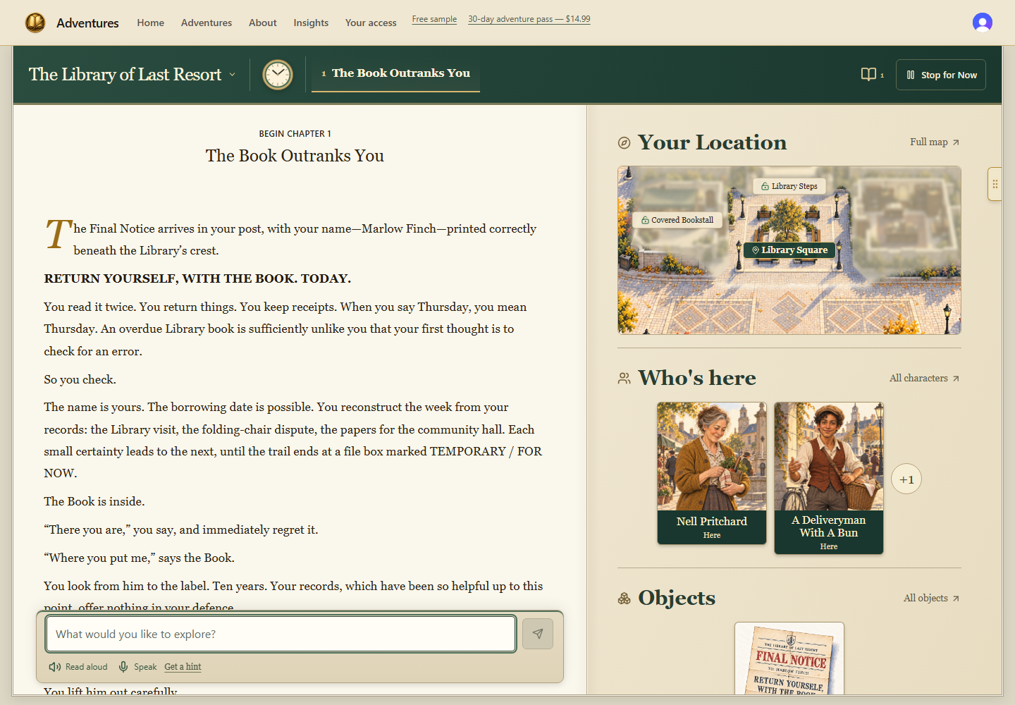 The Adventures player: the Library opening beside its location map, characters and objects, with a composer for your next move.