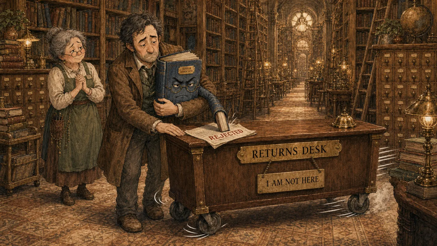 Marlow Finch and a kindly librarian stand beside the badged Book at a wheeled returns desk in the immense Library of Last Resort.