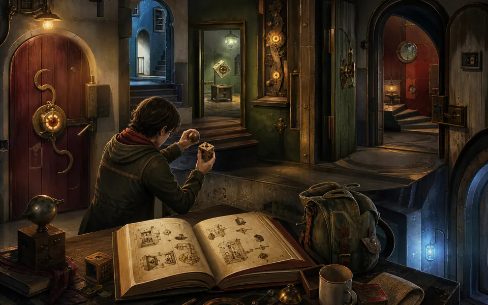 A player combines ordinary objects inside a sequence of impossible transit rooms as a sealed door begins to open.