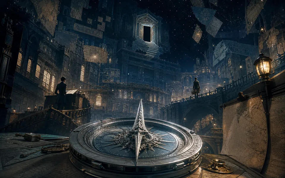 A silver compass points through a moonless archive toward an impossible doorway high in the architecture.