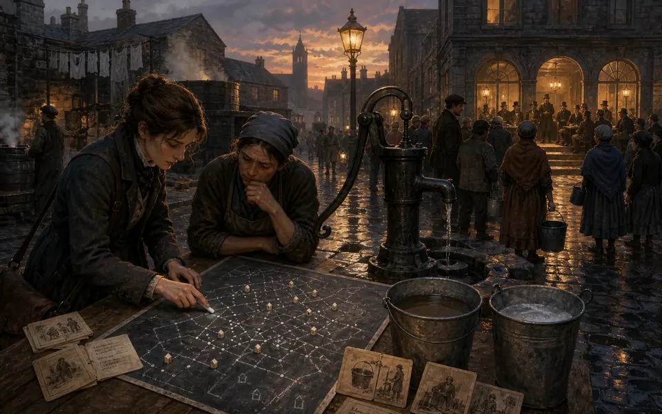 Two investigators study a chalk case map beside a parish water pump while residents and board members gather at dusk.