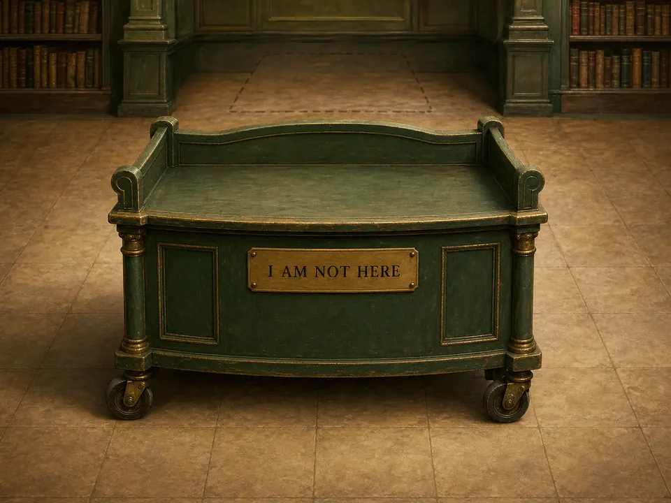An empty green Returns Desk on wheels displays a brass sign reading I AM NOT HERE.
