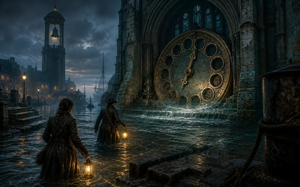 Investigators wade through a flooded harbor cathedral toward a vast half-submerged brass tide clock.