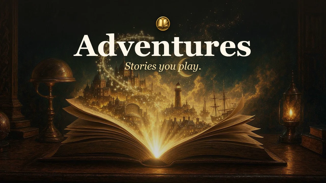 An open book with a golden city and harbor rising from its pages, beneath the words "Adventures" and "Stories you play."
